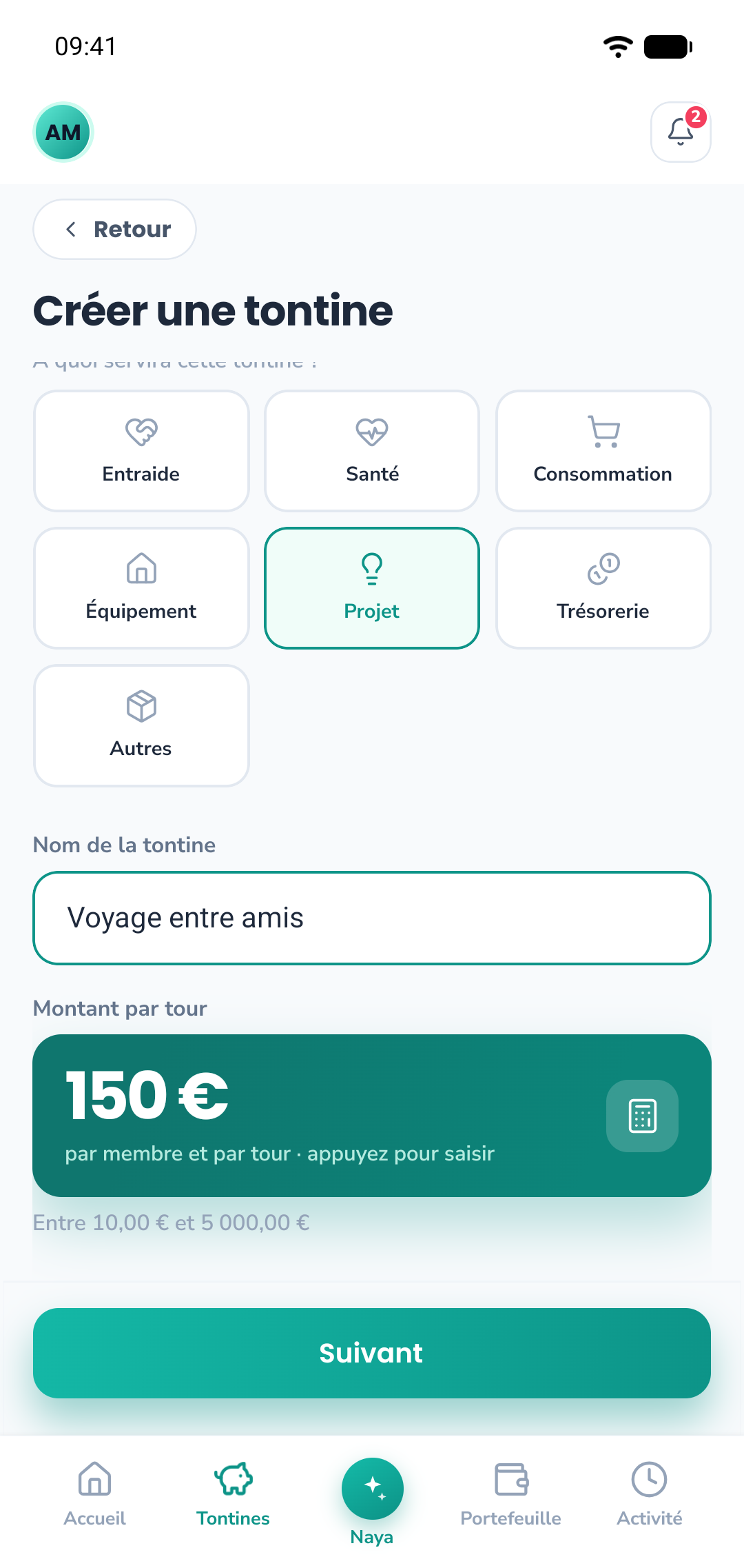 Écran « Créer une tontine » : choix de l'usage, nom de la tontine et montant par tour.