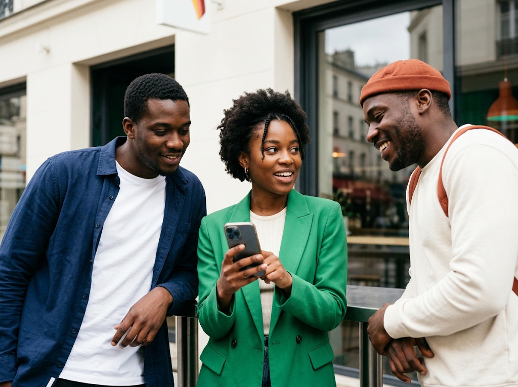 Deux hommes et une femme échangent autour d’un téléphone devant un café.